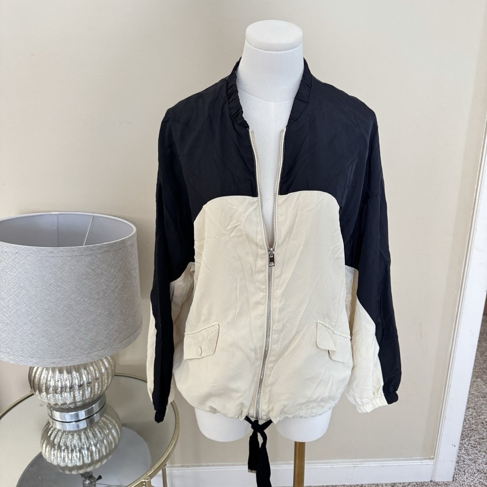 Zara Trf Black Cream Lightweight‎ Vtg Style Track Jacket Satin Lined Sz M New
